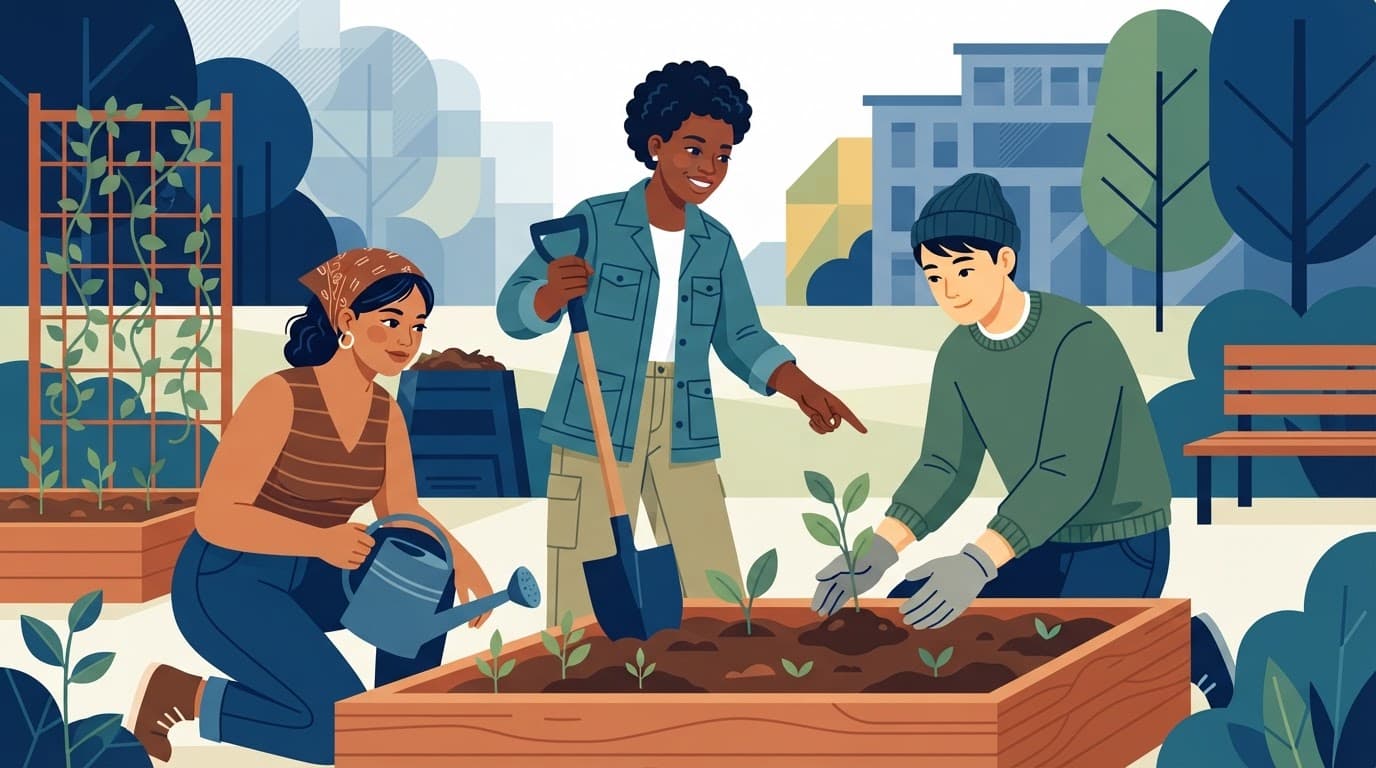 Three diverse people collaborate outdoors around a shared table with papers and a plant.