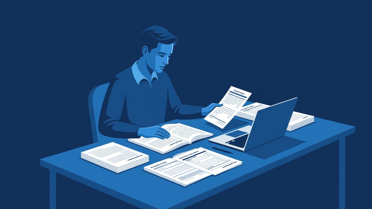 An illustrated person reviews nonprofit directories and financial papers at a tidy blue desk.