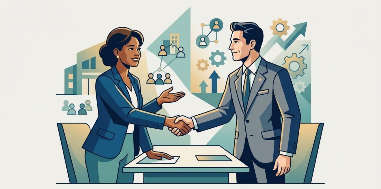 Building trust through shared community goals Two partners shake hands across a table with community symbols behind them.