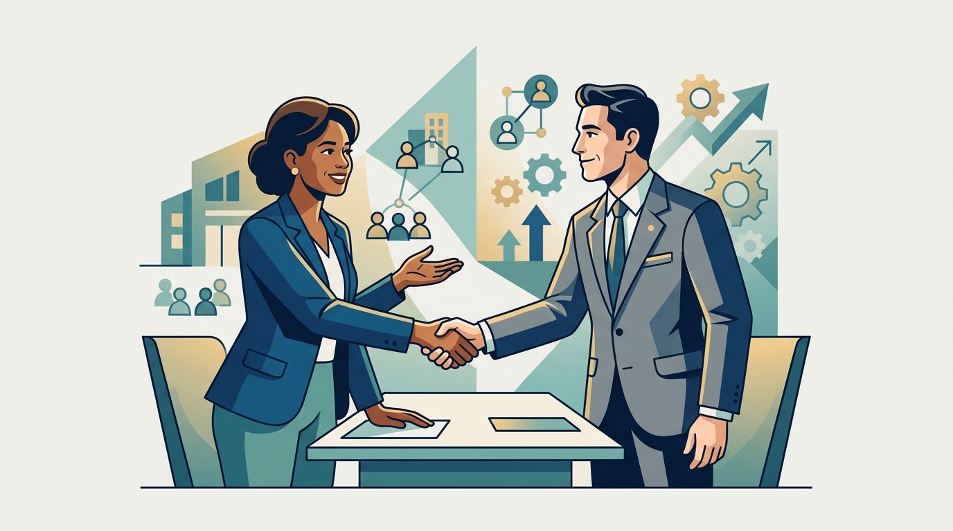 Two partners shake hands across a table with community symbols behind them.