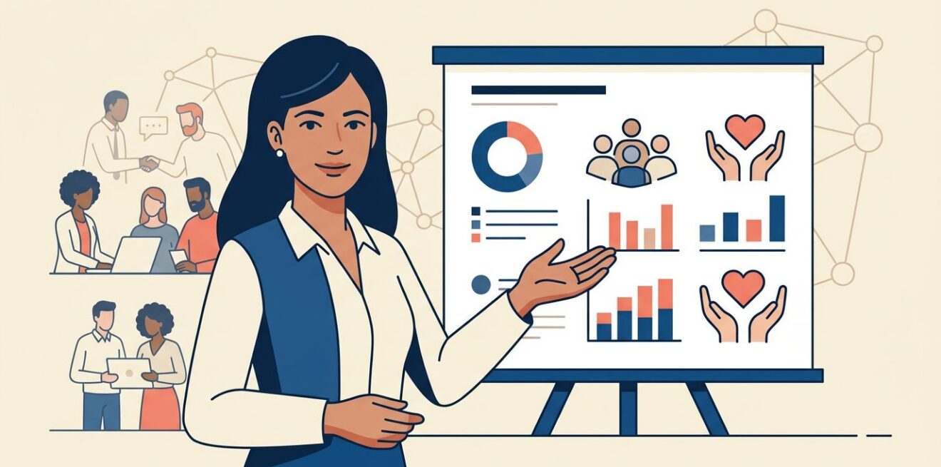 Visual strategies for building strong donor relationships A confident woman presents community impact charts and donation symbols on a clean board.