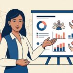 A confident woman presents community impact charts and donation symbols on a clean board.