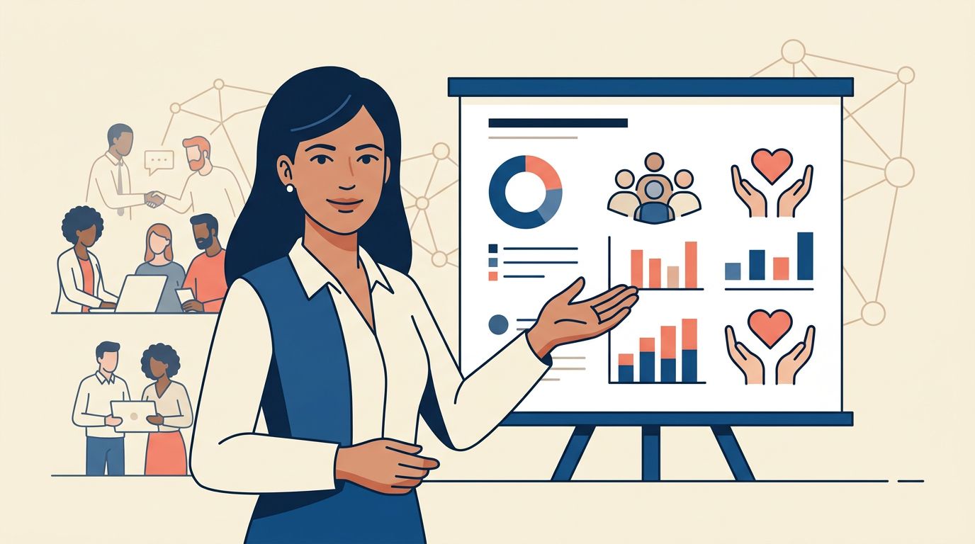 A confident woman presents community impact charts and donation symbols on a clean board.
