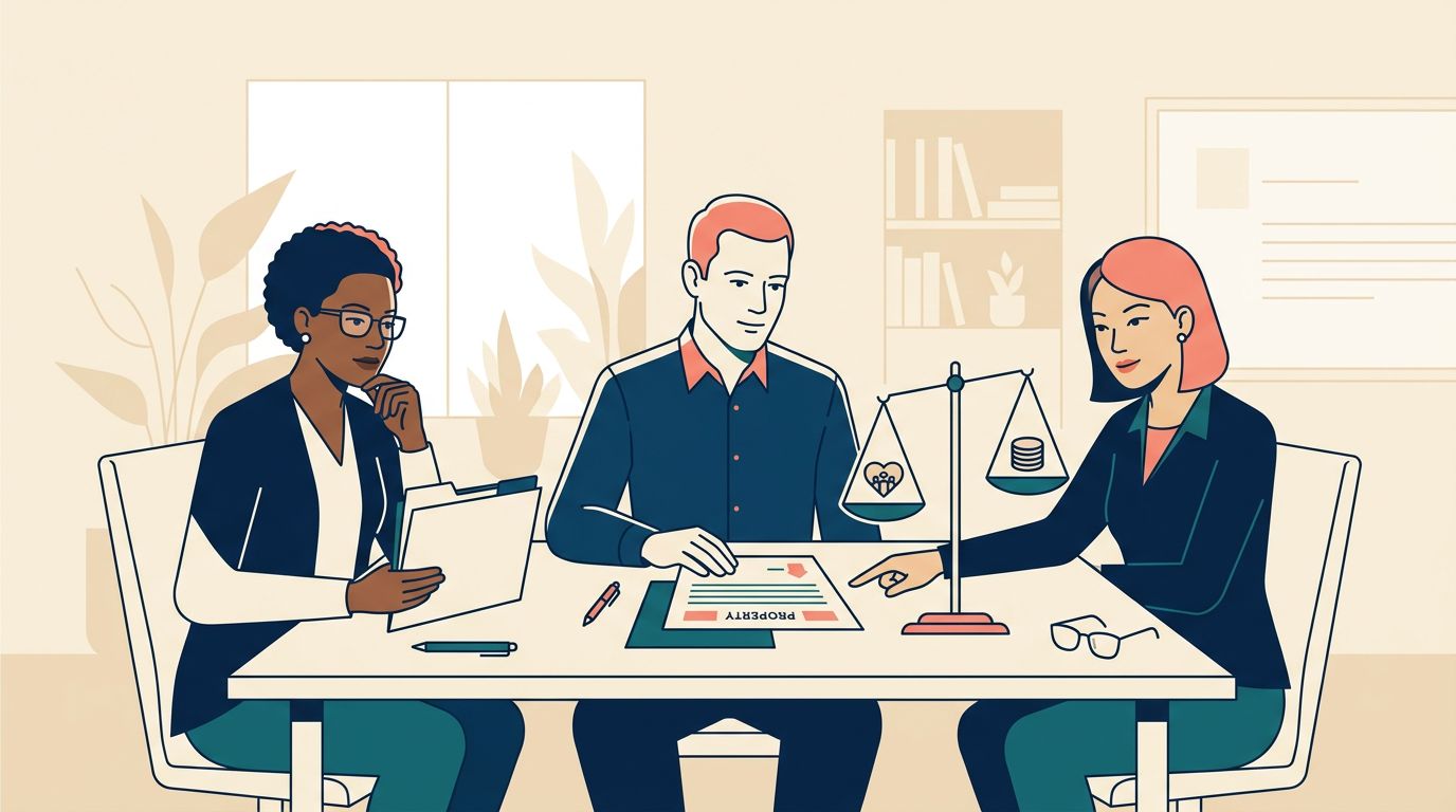 Three professionals seated at a table reviewing a donation document and scales.