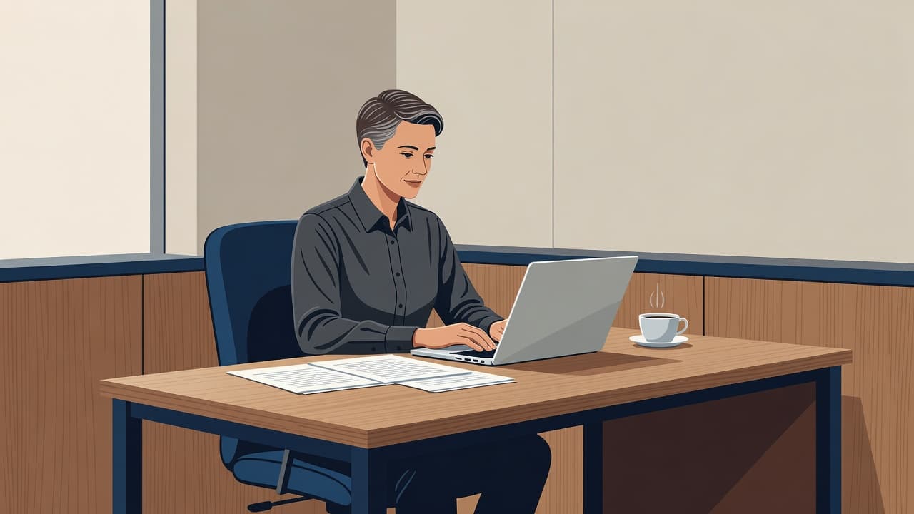 An illustrated nonprofit director reviewing community outreach notes at a desk.