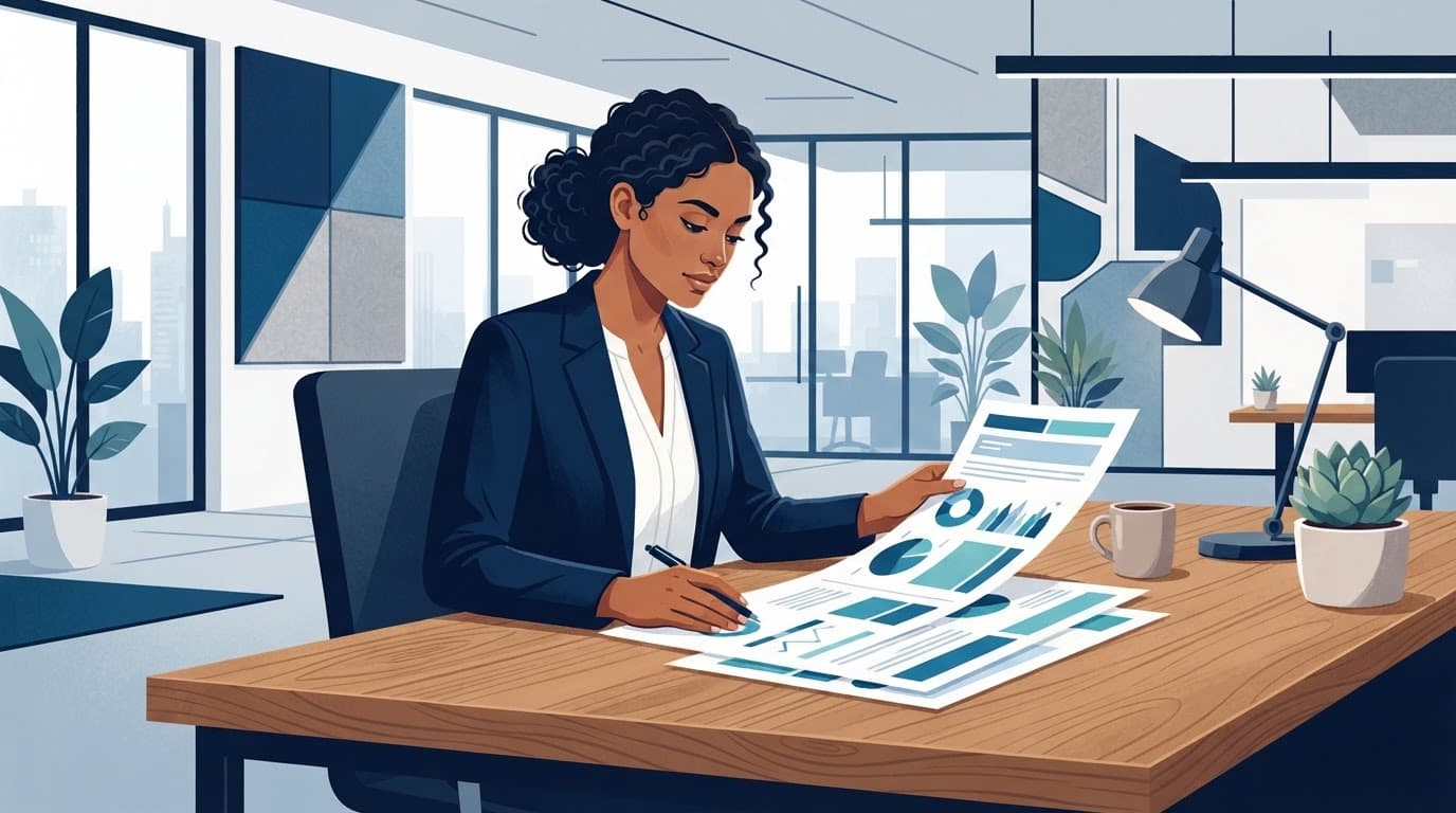 A nonprofit executive reviews a proposal at a wooden table in a modern office.