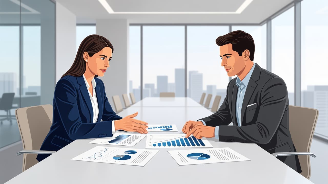 Two business professionals reviewing strategy notes and charts in a modern office.