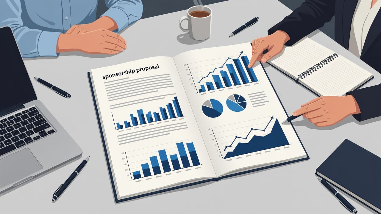 A desk showing a sponsorship proposal with charts and impact metrics.